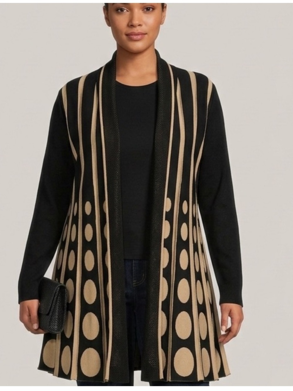 Model France Contrast Duster Cardigan Sweater Black Tan Polka Dot Stripe L